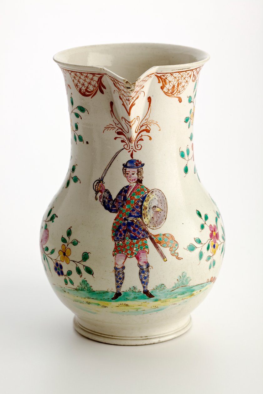 Staffordshire Krug mit Figur im Hochlandkostüm dekoriert, 1755 von English School