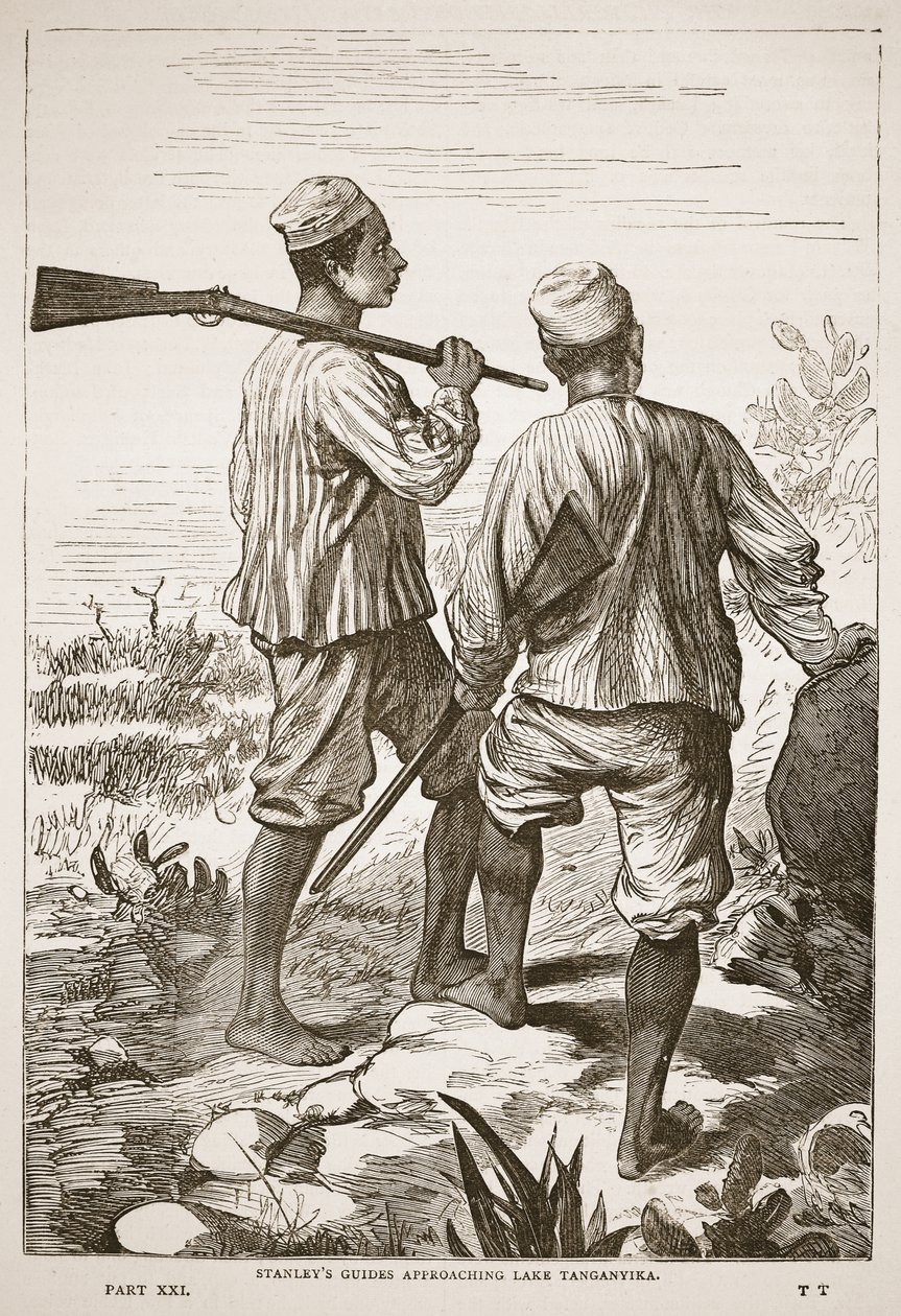 Stanleys Führer nähern sich dem Tanganjikasee, Illustration aus der Bildausgabe des Lebens und der Entdeckungen von David Livingstone von J. Ewing Richie, veröffentlicht von A. Fullarton & Co., 1876 von English School
