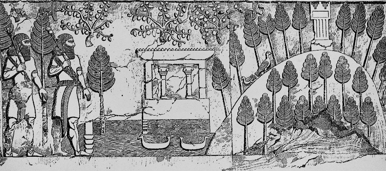 Steinrelief eines Tempels und eines künstlichen Hügels im Park von Sargon II in Khorsabad, ca. 715 v. Chr. von English School