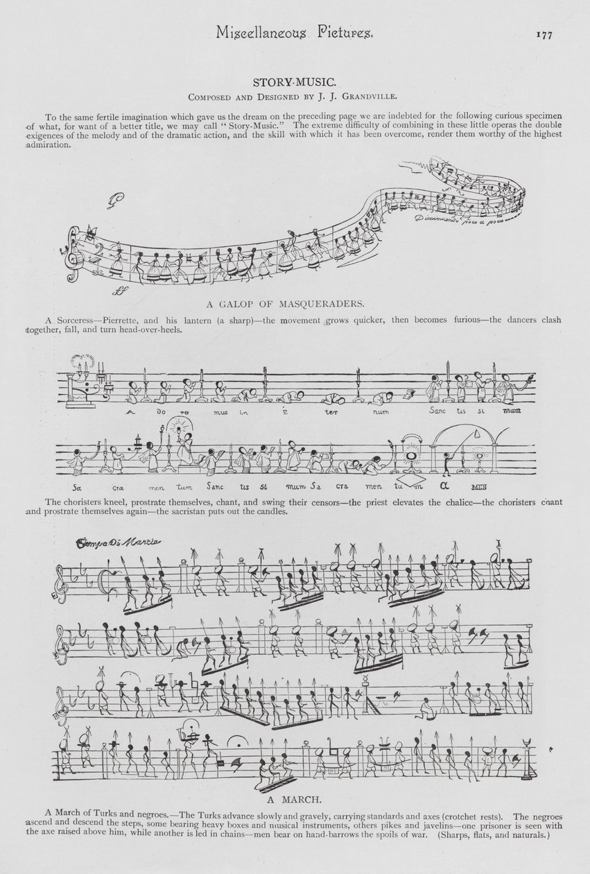 Geschichten in Notenblättern, die Noten als Menschen darstellen (Gravur) von English School