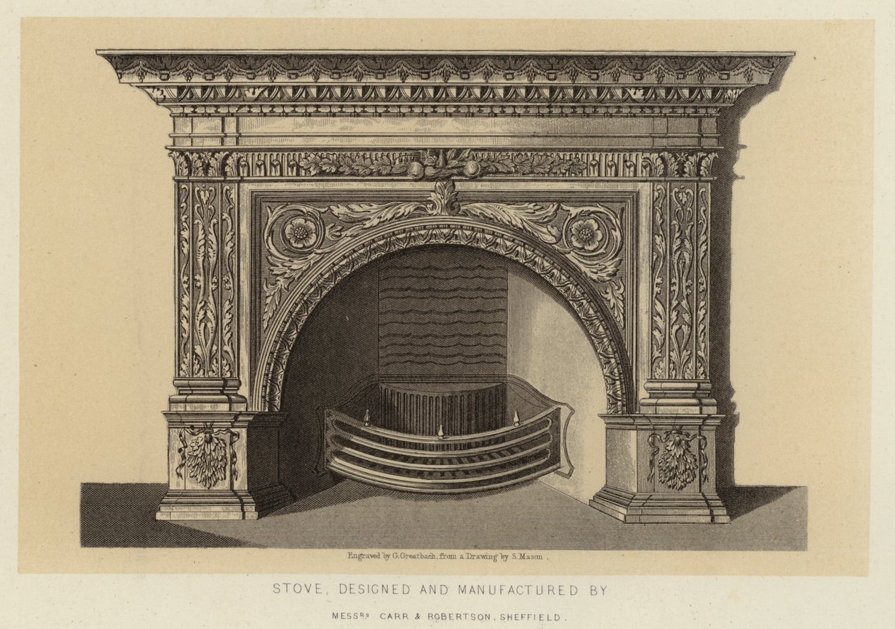 Ofen, entworfen und hergestellt von Messrs Carr und Robertson Sheffield (Lithografie) von English School