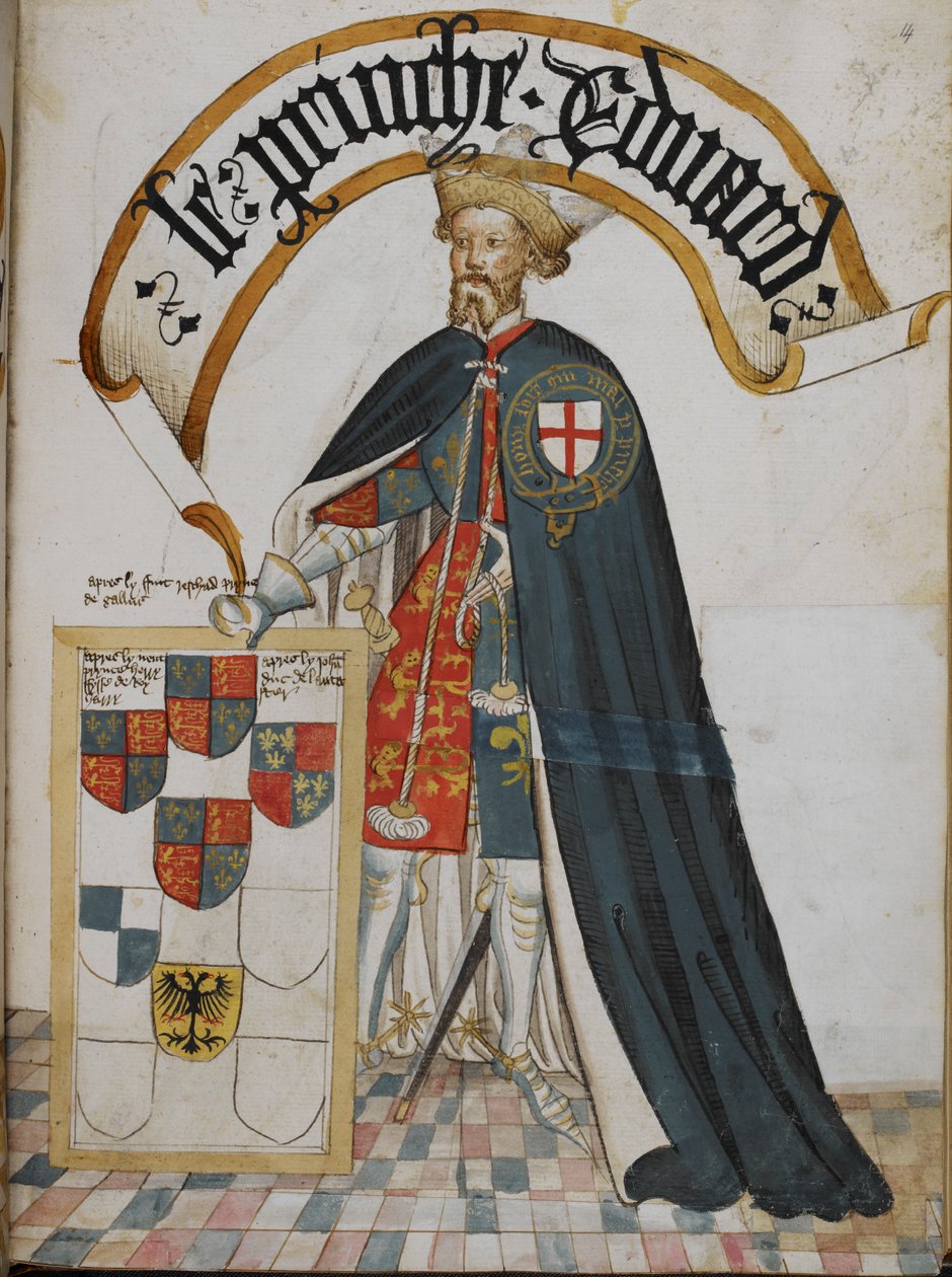 Stowe 594, f.14 Porträt von Edward, Prinz von Wales [der Schwarze Prinz], ein Gründer-Ritter des Hosenbandordens, aus dem 
