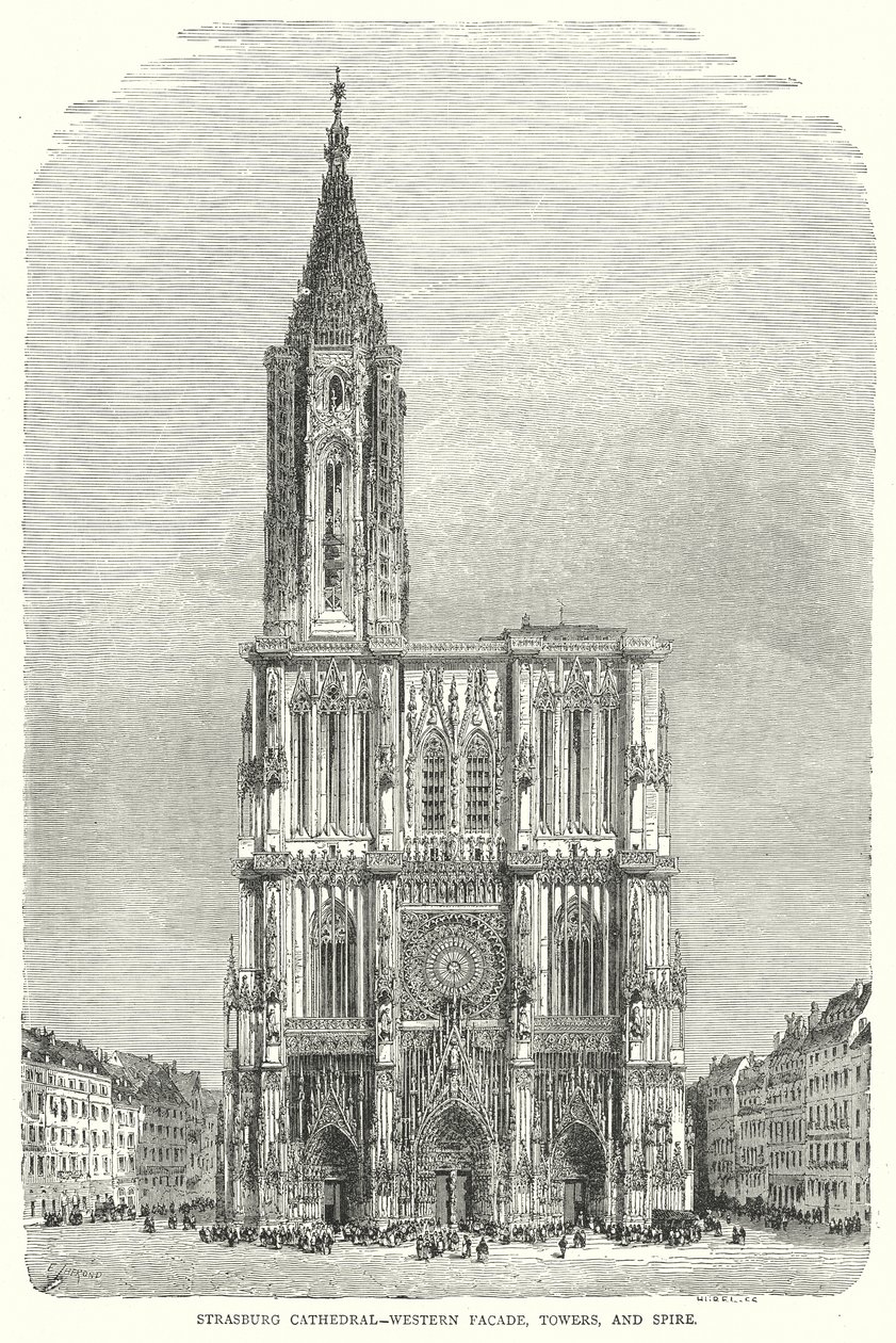 Straßburger Münster-Westfassade, Türme und Turmspitze (Gravur) von English School