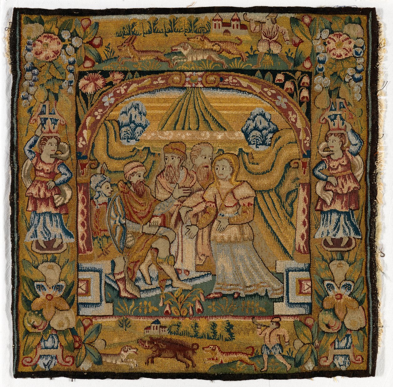 Wandteppichkissenbezug, der Susanna vor dem Richter darstellt, hergestellt in Sheldon, England, nach 1600 von English School