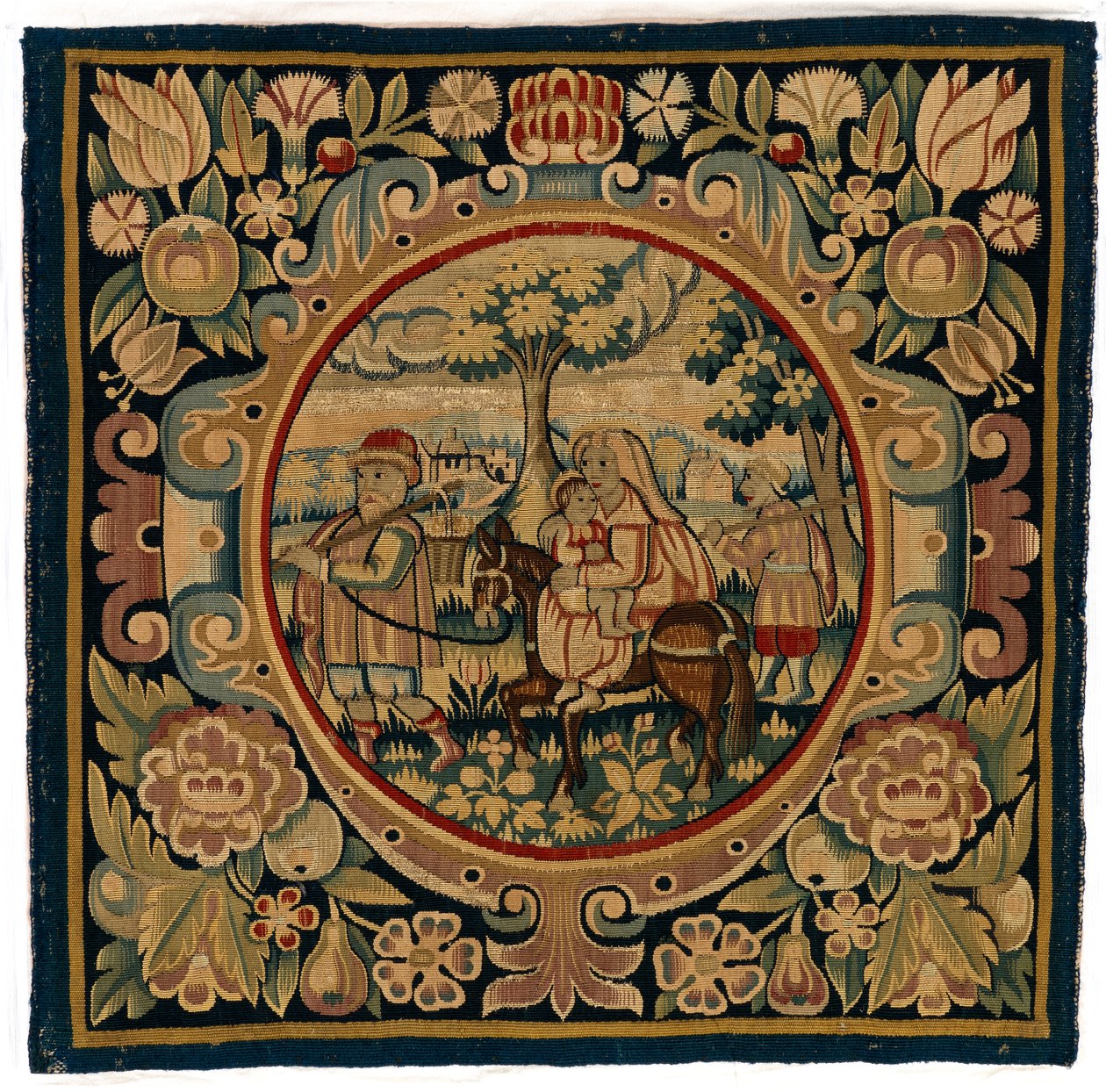 Wandteppich-Kissenbezug mit der Flucht nach Ägypten, möglicherweise hergestellt in Sheldon, England, frühes 17. Jahrhundert von English School