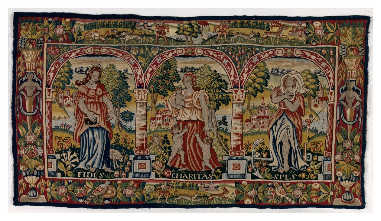 Wandteppichlangkissen, das Glaube, Hoffnung und Nächstenliebe darstellt, hergestellt in Sheldon, England, Ende des 16. Jahrhunderts von English School