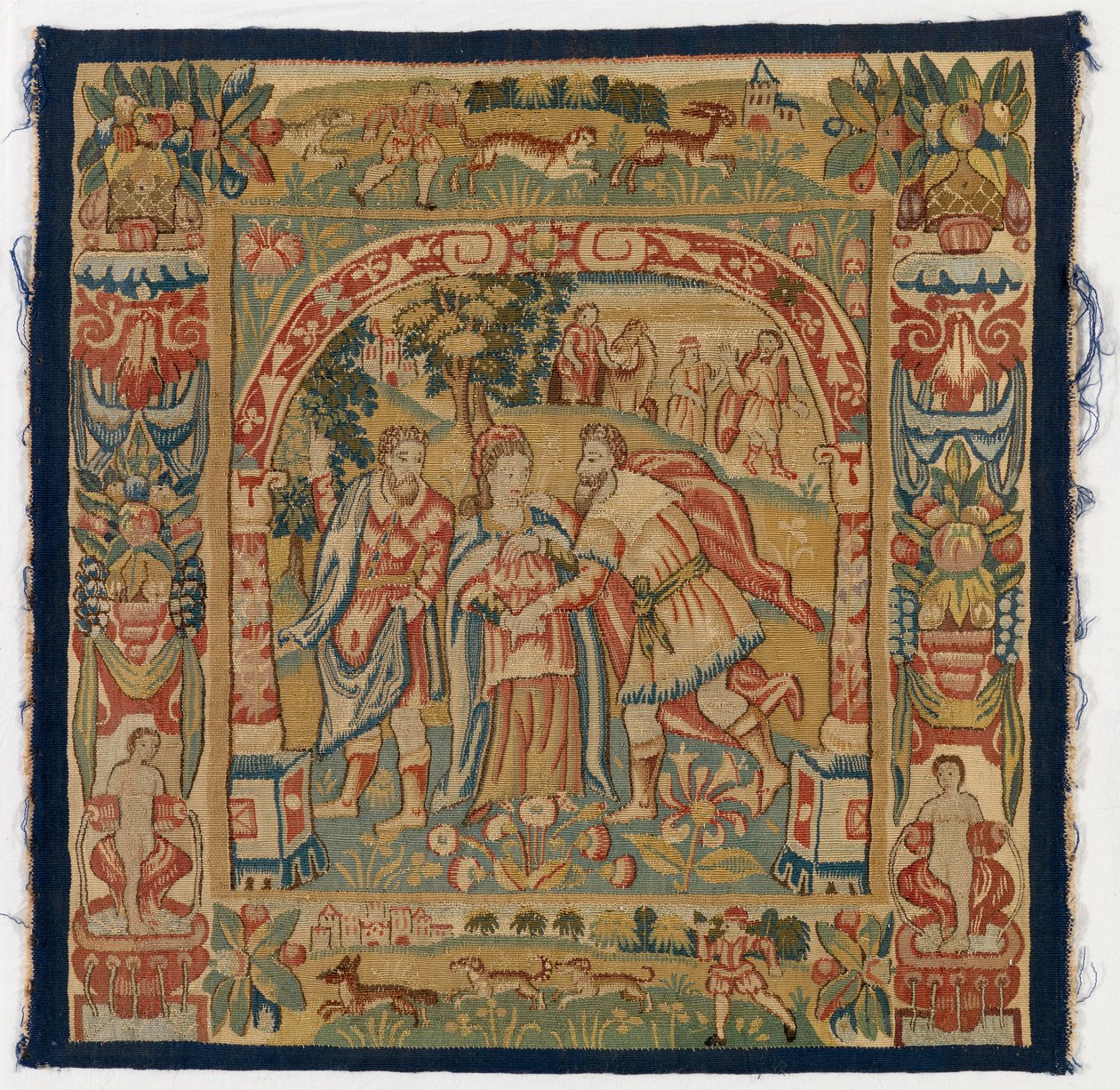 Wandteppich-Paneel mit der Königin von Saba, die Salomo trifft, hergestellt in Sheldon, England von English School