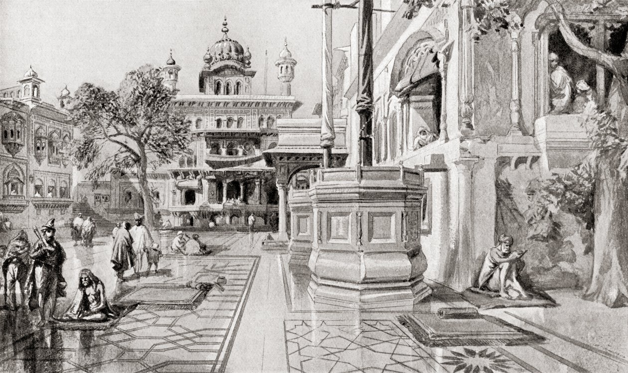 Der Akal Takht oder Akal Bunga, Harmandir Sahib (Goldener Tempel) Komplex, Amritsar, Punjab, Indien im Jahr 1864, aus Hutchinsons Geschichte der Nationen, veröffentlicht 1915 von English School
