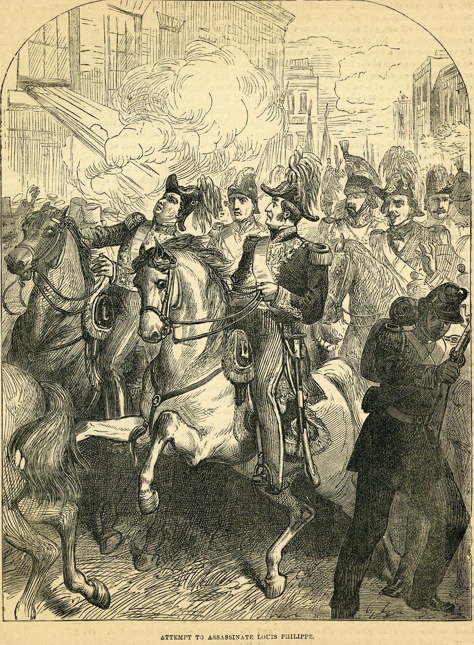Der Versuch, König Louis Philippe von Frankreich zu ermorden, Illustration aus Cassells Illustrated History of England, 1857-1858 von English School