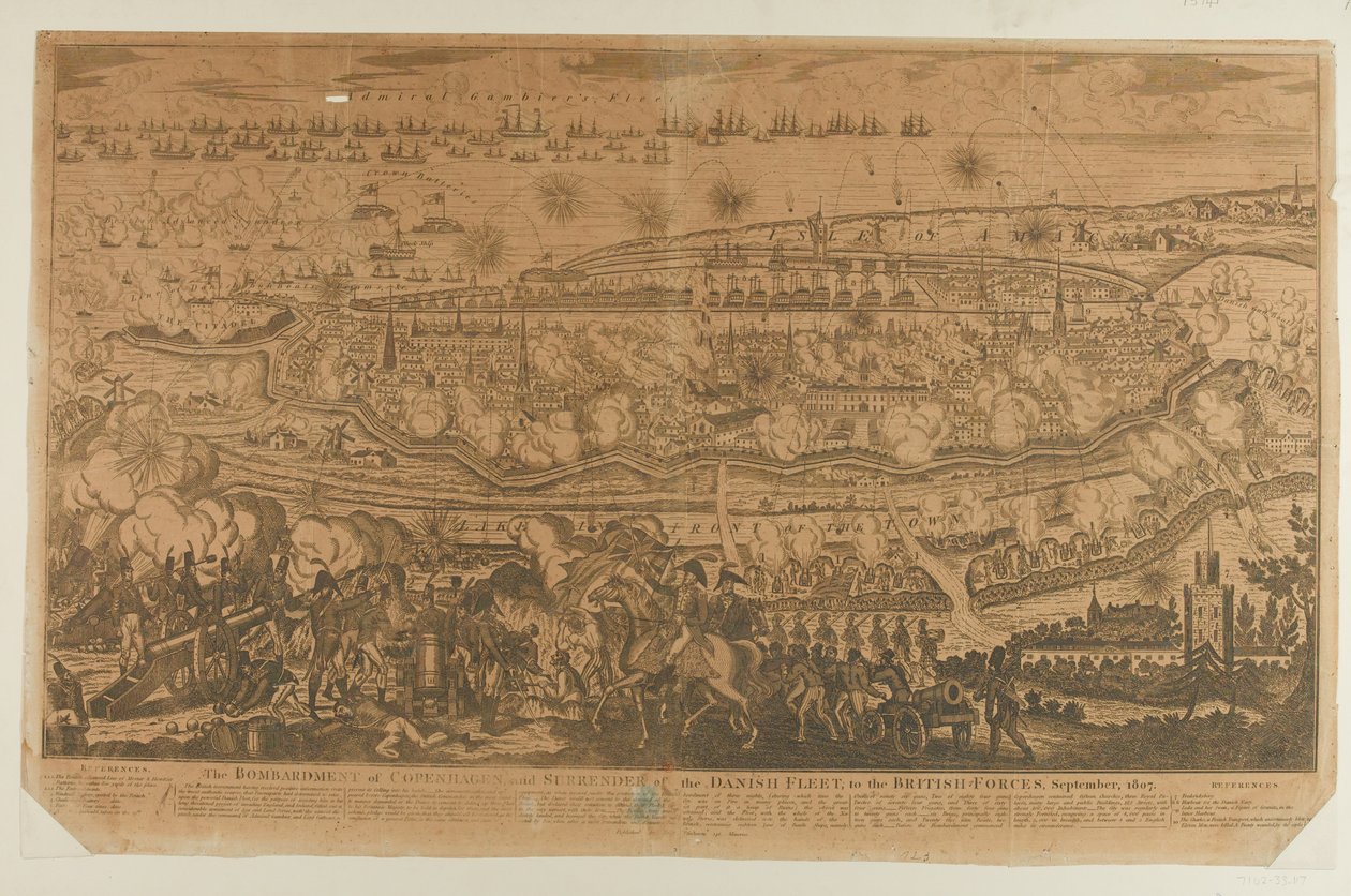 Die Bombardierung von Kopenhagen und die Kapitulation der dänischen Flotte, September 1807, veröffentlicht von John Fairburn im Jahr 1807 von English School