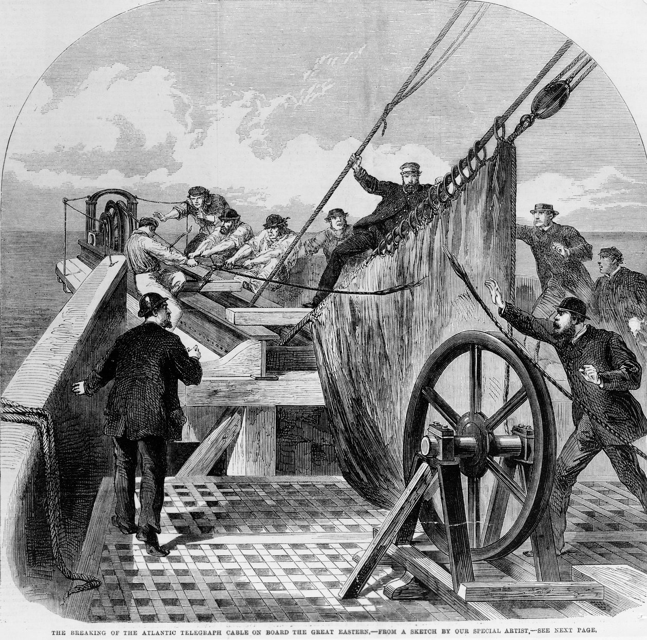 Das Brechen des Atlantischen Telegraphenkabels an Bord der Great Eastern, 1865 (Stich) von English School
