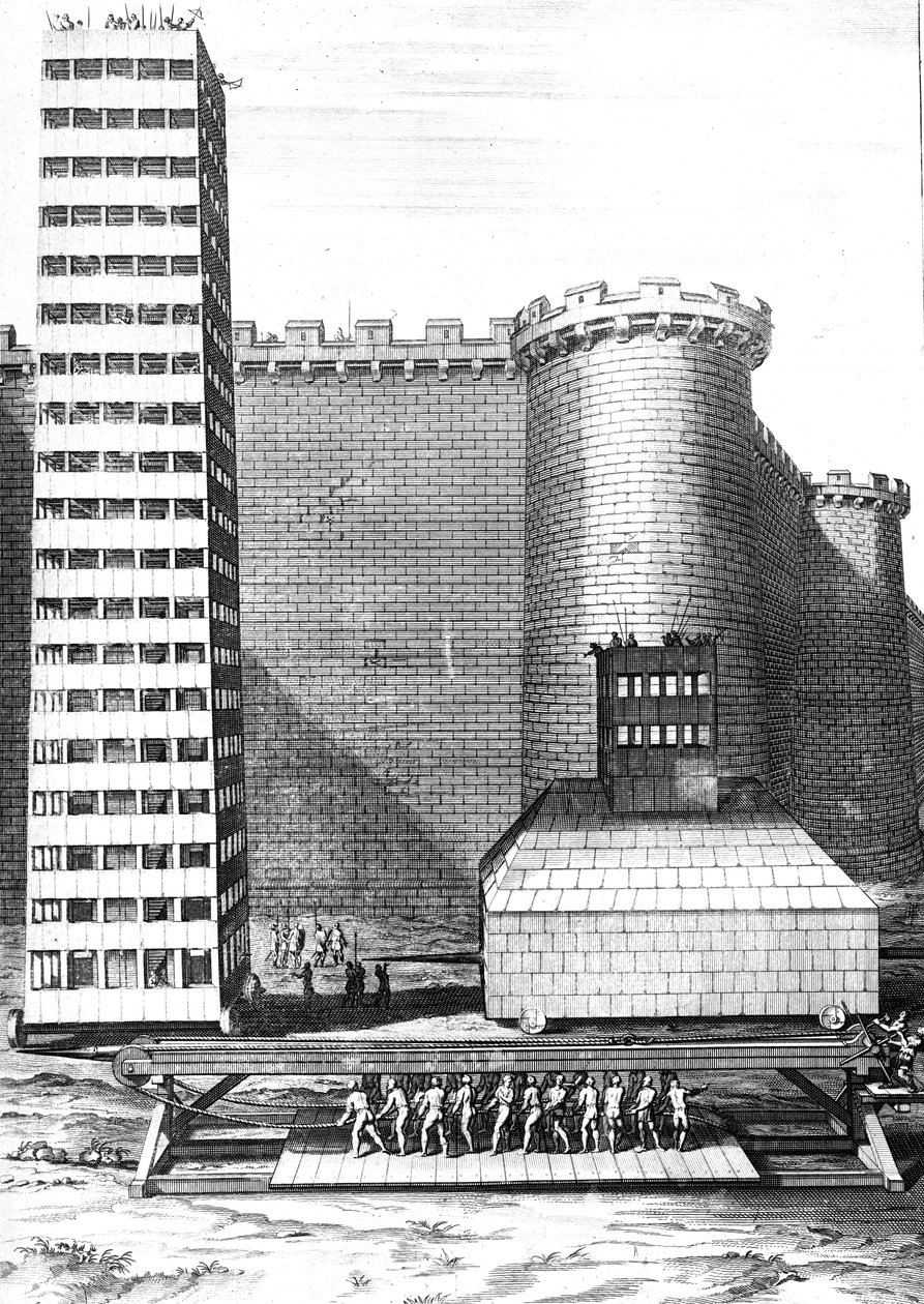 Der Ziegelturm und Musculus bei der Belagerung von Marseille, graviert von Cornelis Huyberts, Illustration aus Caesars Commentaries, ins Englische übersetzt von William Duncan, veröffentlicht 1753 von English School