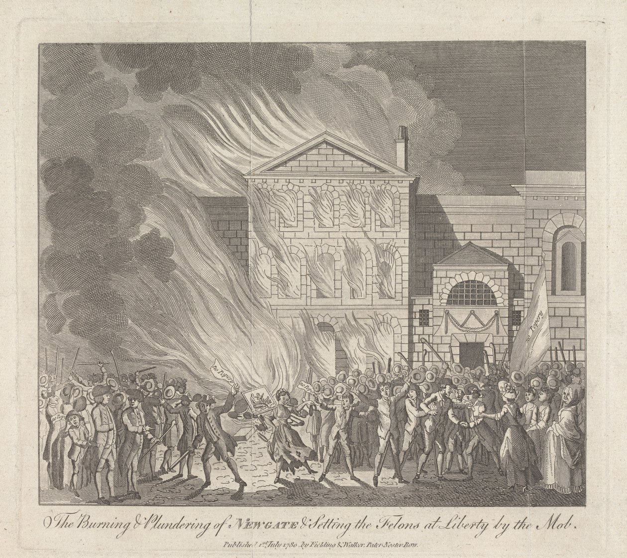 Das Brennen und Plündern von Newgate und die Befreiung der Verbrecher durch den Mob von English School