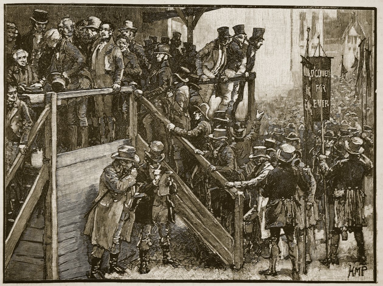 Der Clare-Wettbewerb: Vater Murphy führt seine Pächter zur Wahl, Illustration aus Cassells Illustrierter Geschichte Englands von English School