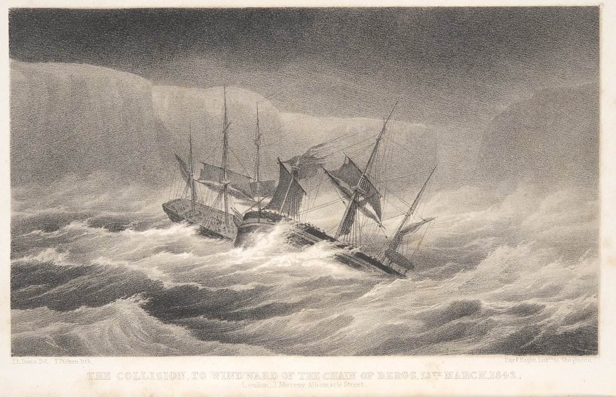 Die Kollision, aus Reise der Entdeckung und Forschung in den südlichen und antarktischen Regionen von Kapitän Sir James Clark Ross, veröffentlicht 1847 von English School