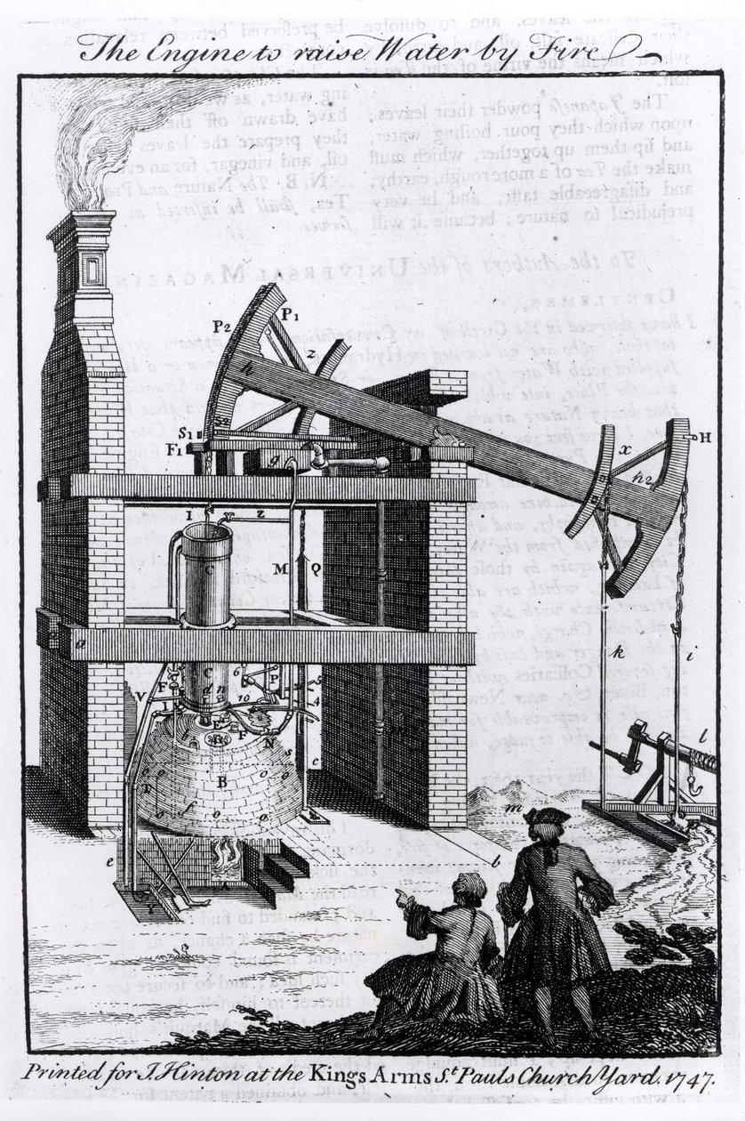 Die Maschine zum Wasserheben durch Feuer, ein Diagramm von Newcomens Dampfmaschine für das Universal Magazine, 1747 von English School