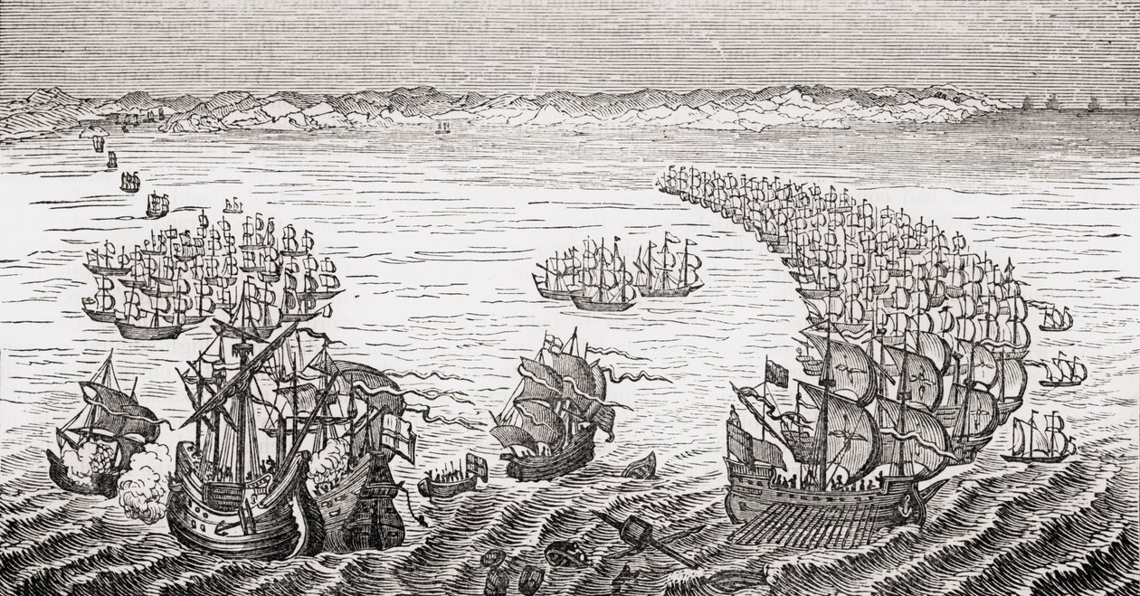 Die englische Flotte unter dem Kommando von Sir Francis Drake greift die spanische Armada 1588 an, aus 