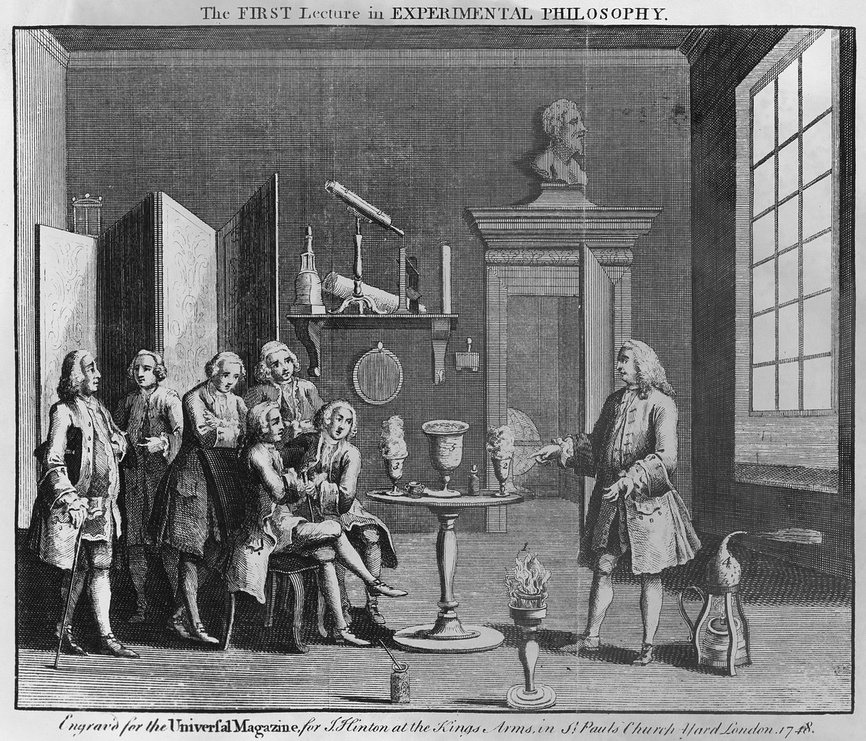Die erste Vorlesung in experimenteller Philosophie, graviert für das Universal Magazine, 1748 von English School