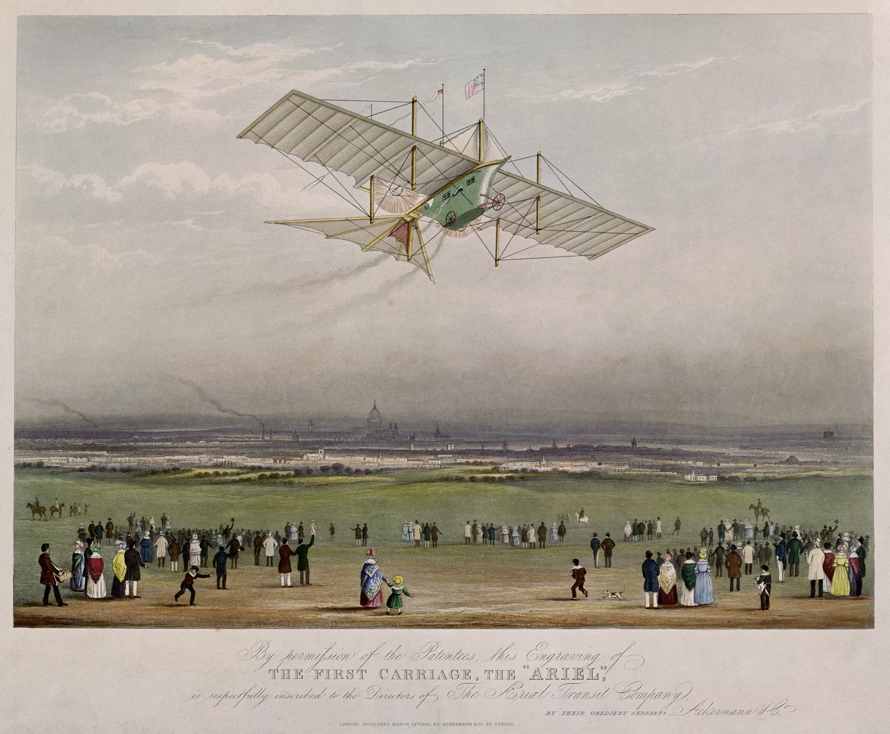 Die Flugmaschine, die Ariel, nach Entwürfen von W.S. Henson im Jahr 1842, veröffentlicht von Ackermann & Co., 1843 von English School