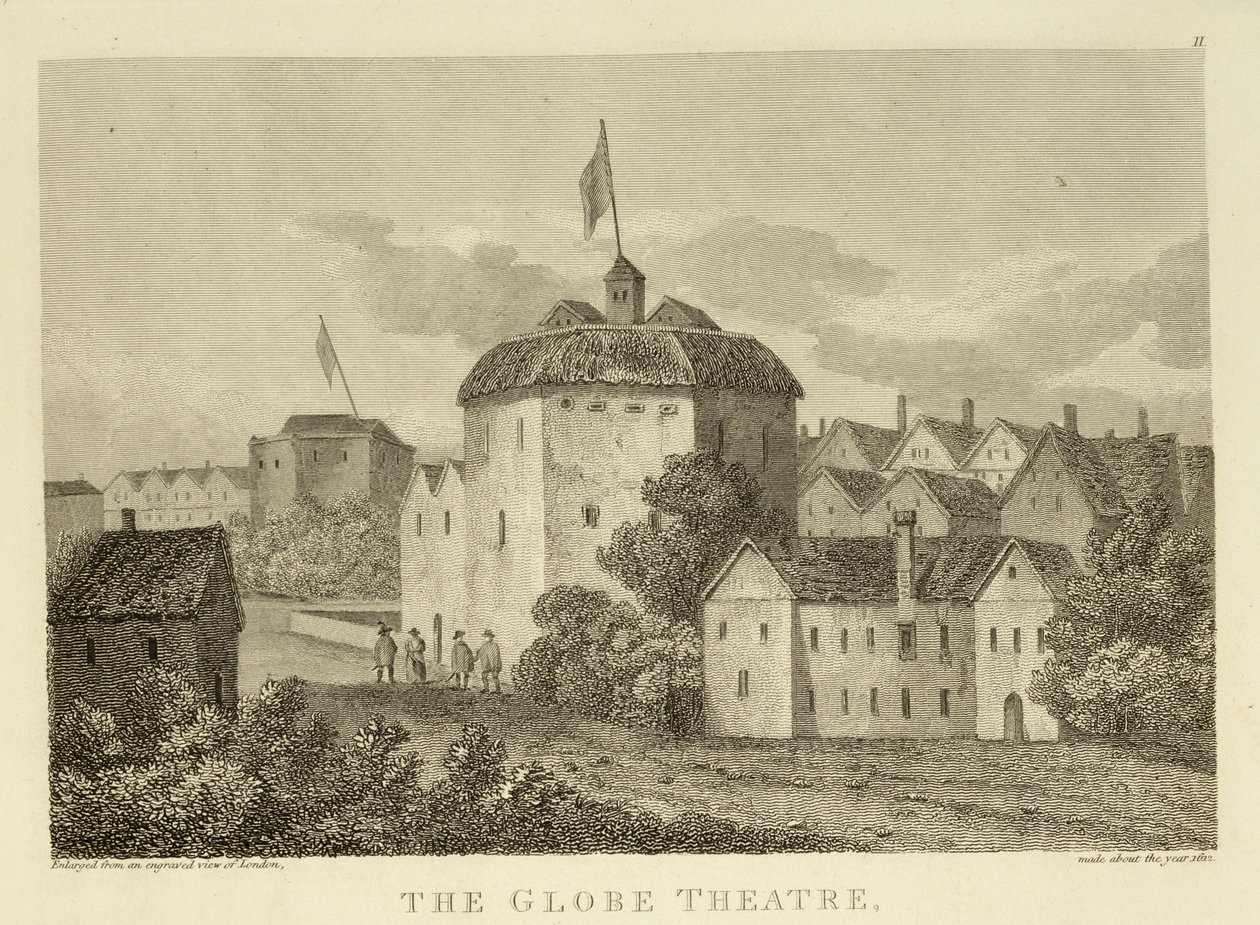Das Globe Theatre am Bankside, wie es in der Regierungszeit von James I (1566-1625) erschien, nach einer Gravur um 1612, veröffentlicht 1810 von English School