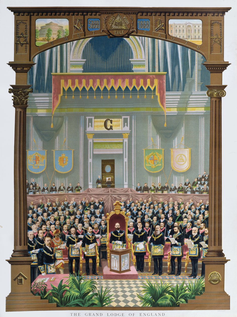 Die Großloge von England stimmt der Glückwunschadresse zum Jubiläum Ihrer Majestät Königin Victoria in der Albert Hall, London, am 13. Juni 1887 zu von English School