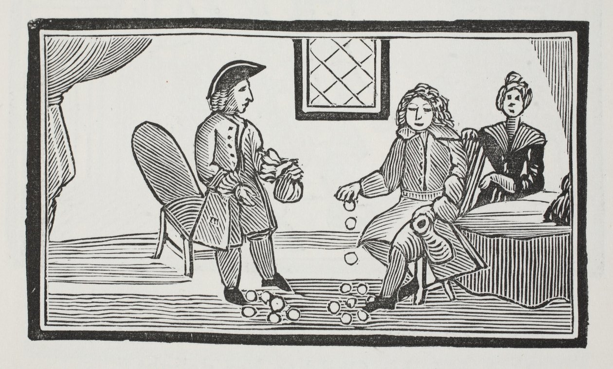 Die Geschichte des blinden Bettlers von Bethnal Green, Illustration aus Chap-books des achtzehnten Jahrhunderts von John Ashton, veröffentlicht 1882 von English School