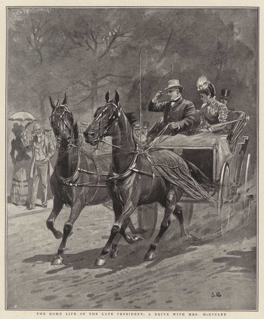 Das häusliche Leben des verstorbenen Präsidenten, eine Fahrt mit Mrs. McKinley (Lithografie) von English School