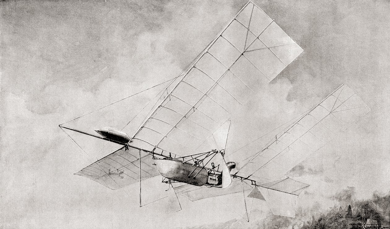 Die Langley Aerodrome Flugmaschine im Flug im 19. Jahrhundert. Aus The Strand Magazine, veröffentlicht 1897. von English School