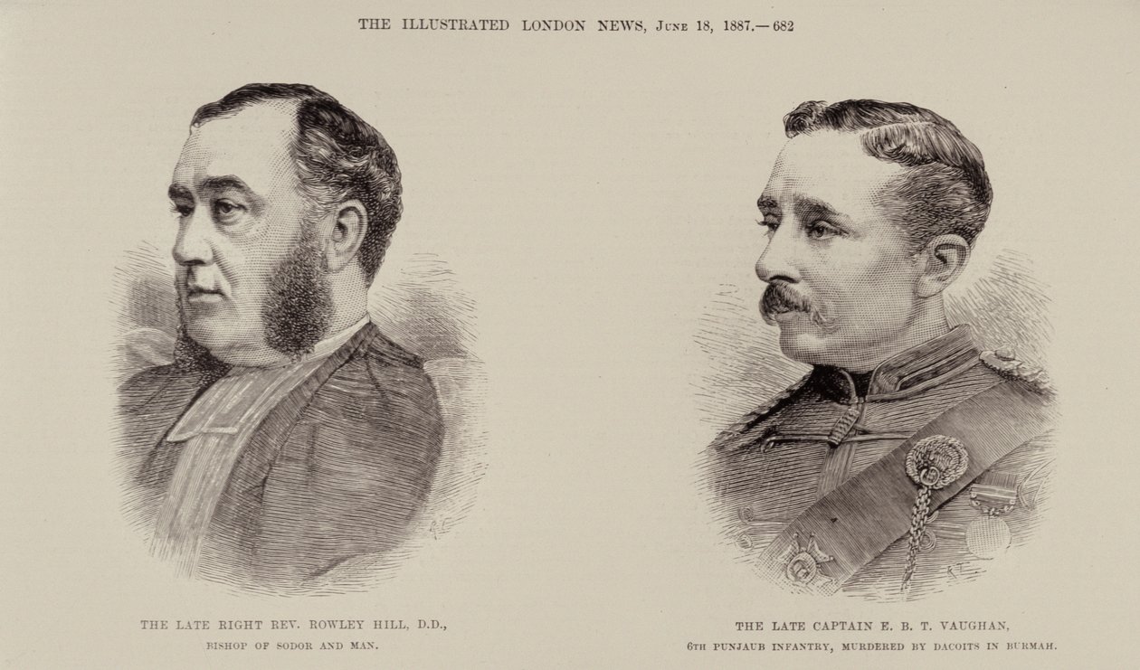 Der verstorbene Right Rev. Rowley Hill, Bischof von Sodor und Man und der verstorbene Captain E. B. T. Vaughan, 6. Punjaub-Infanterie, ermordet von Dacoits in Burma, aus The Illustrated London News, 18. Juni 1887 von English School