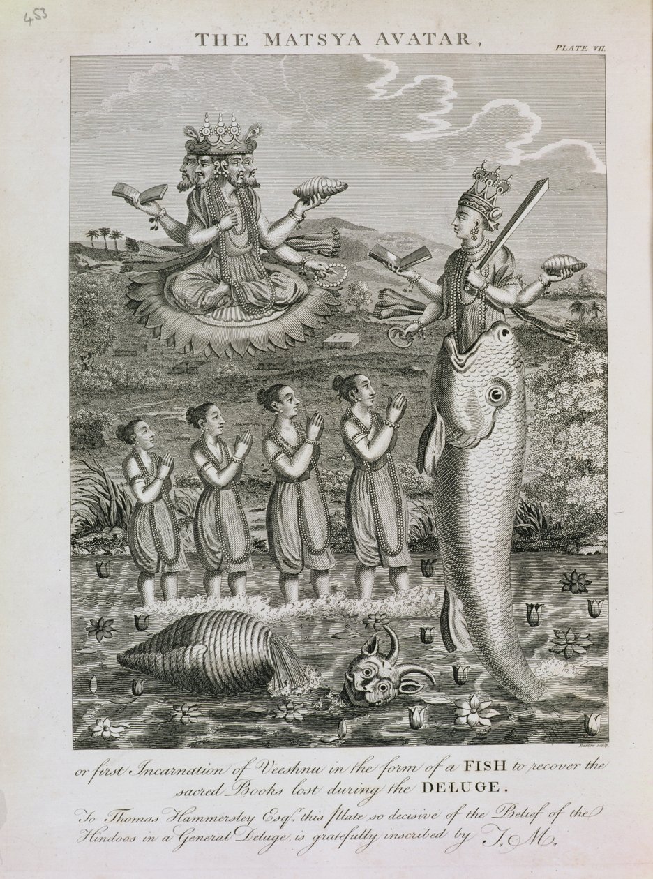 Der Matsya-Avatar oder die erste Inkarnation von Vishnu in Form eines Fisches, um die während der Sintflut verlorenen heiligen Bücher wiederzufinden, graviert von Barlow von English School