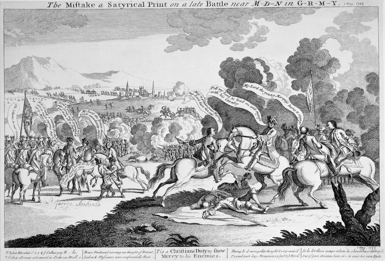 Der Fehler, ein satirischer Druck über eine kürzliche Schlacht in Deutschland, um 1759 von English School