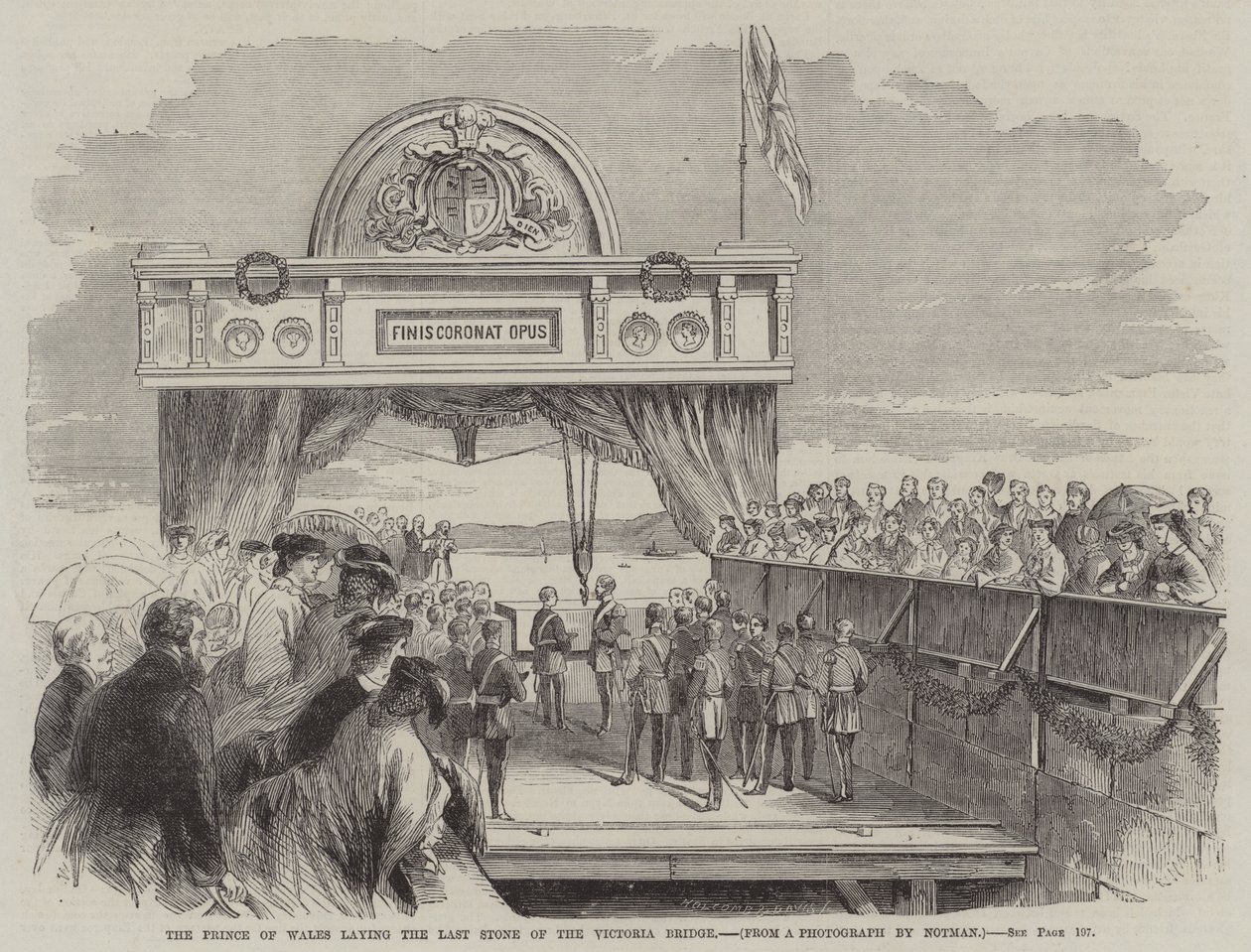 Der Prinz von Wales legt den letzten Stein der Victoria-Brücke (Gravur) von English School