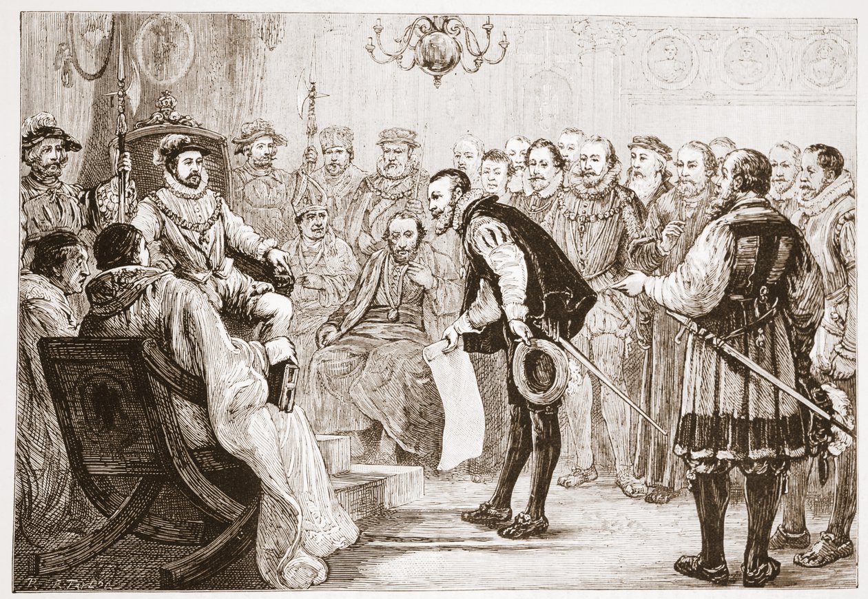 Die protestantischen Fürsten überreichen ihr Bekenntnis an Karl, Illustration aus Die Geschichte des Protestantismus von James Aitken Wylie, veröffentlicht 1878 von English School