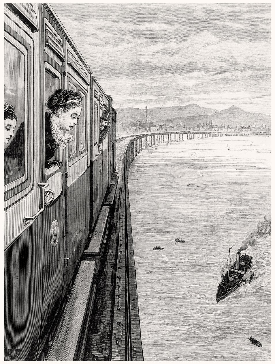 Die Rückkehr der Königin aus den Highlands; Ihre Majestät überquert die Tay-Brücke, Dundee von English School