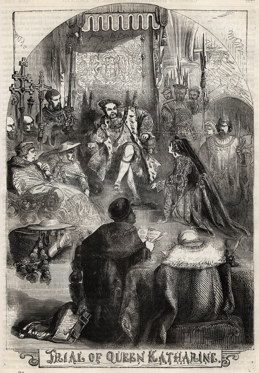 Der Prozess von Königin Katharina von Aragon im Jahr 1529, die erste Frau von Heinrich VIII., deren Ehe mit dem König annulliert wurde - Gravur aus „Geschichte Englands“ von Cassell Petter & Galpin von English School