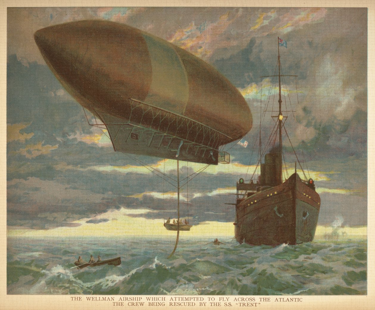 Das Wellman-Luftschiff, das versuchte, den Atlantik zu überqueren, die Besatzung wurde von der S.S. "Trent" gerettet. Little People