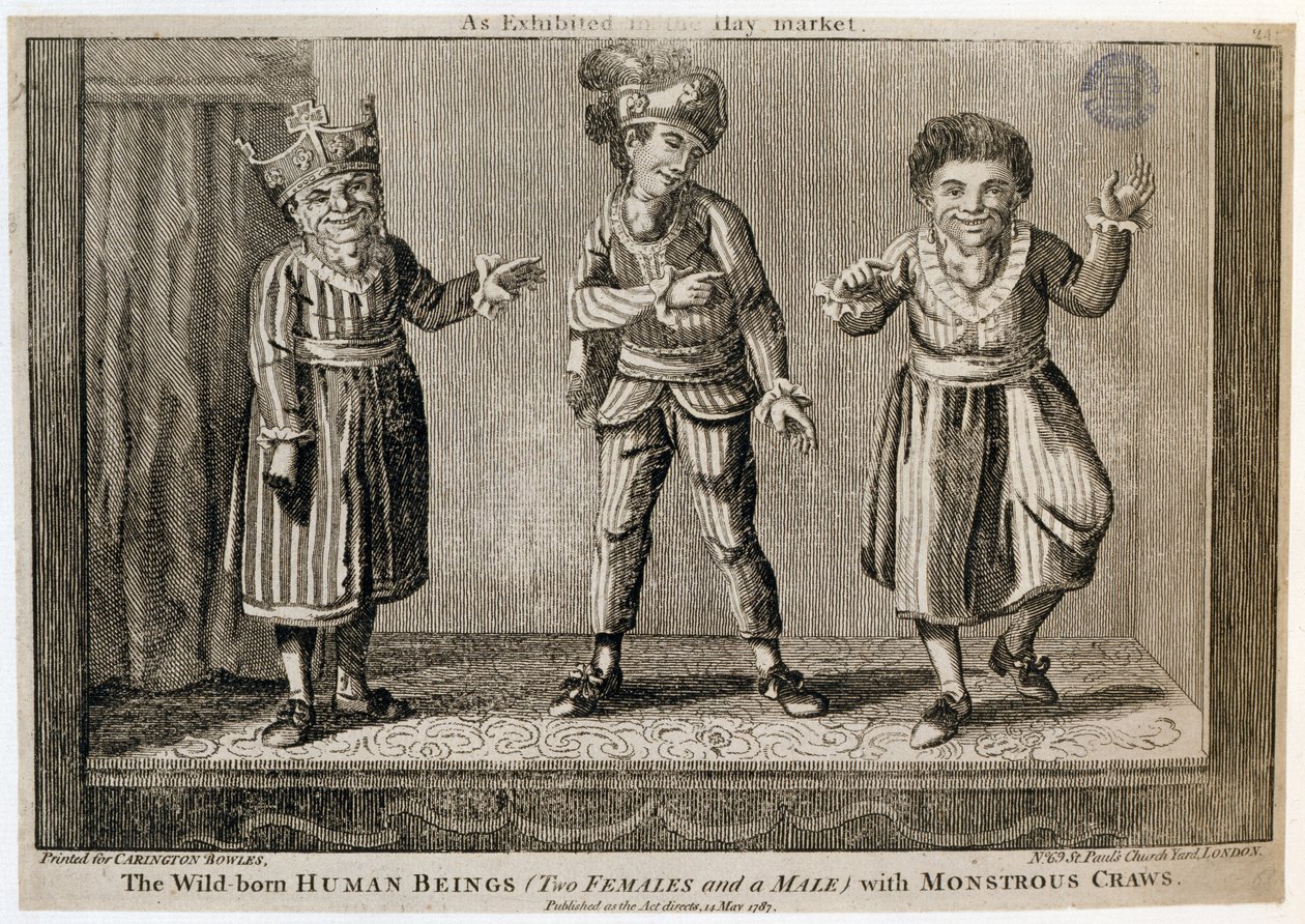 Die wildgeborenen Menschen (zwei Frauen und ein Mann) mit monströsen Kropfen, wie im Haymarket ausgestellt, gedruckt für Carington Bowles, 1787 von English School