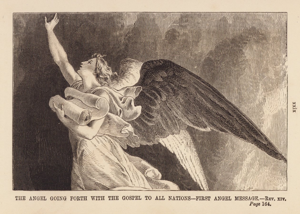 Der Engel, der mit dem Evangelium hinausgeht, erste Engelsbotschaft (Gravur) von English School