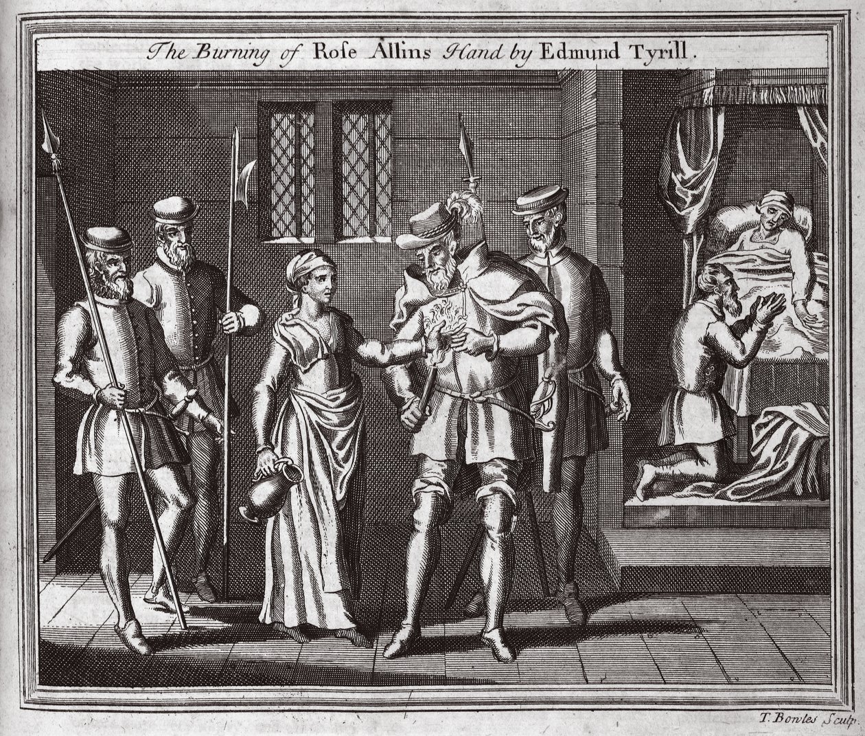 Das Verbrennen von Rose Allins Hand durch Edmund Tyrill, Illustration aus Foxes Märtyrer, ca. 1703 von English School