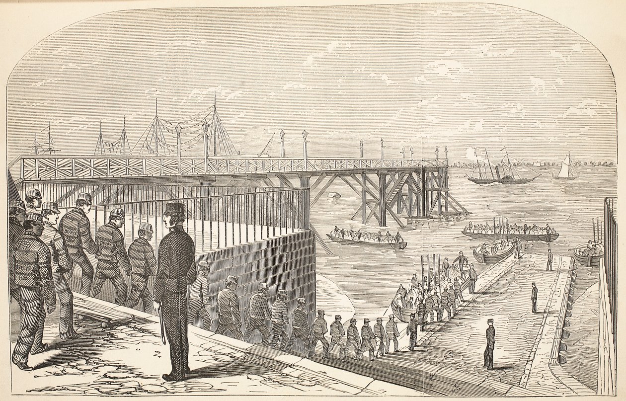 Die Gefangenen kehren von ihrer Arbeit im Arsenal zu den Hulks zurück, Illustration aus The Criminal Prisons of London and Scenes from Prison Life von Henry Mayhew und John Binny, veröffentlicht 1862 von English School