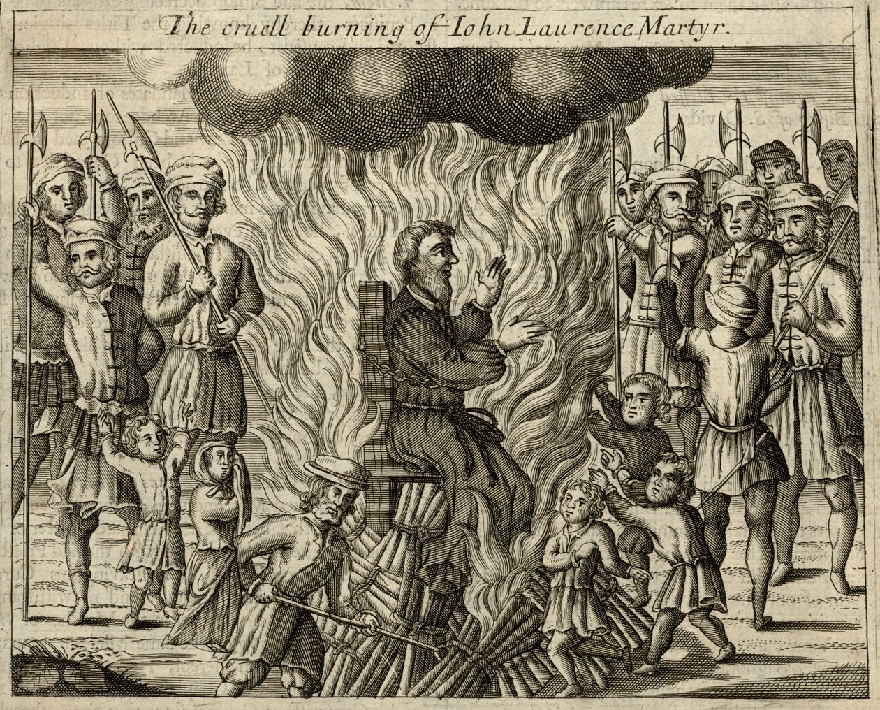 Die grausame Verbrennung von John Laurence, Märtyrer (Gravur) von English School