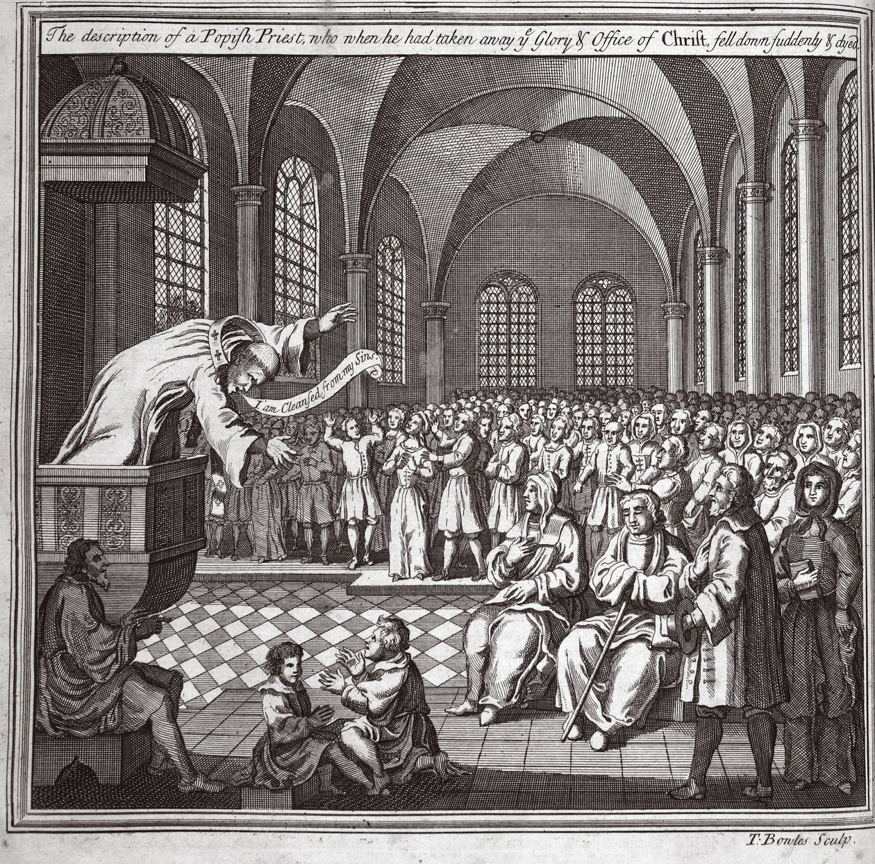 Die Beschreibung eines papistischen Priesters, der, nachdem er die Herrlichkeit und das Amt Christi weggenommen hatte, plötzlich fiel und starb, Illustration aus Foxes Märtyrer, ca. 1703 von English School