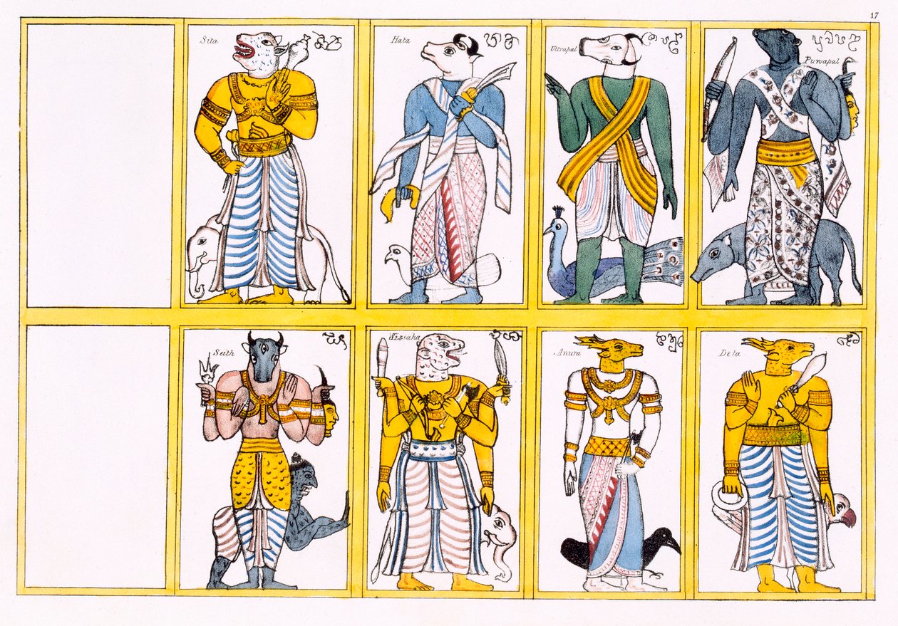 Die Teufel, einschließlich Ayimane, Sooniyan und Calloo-Coomare, aus Die Geschichte und Lehre des Buddhismus von Edward Upham, 1829 von English School