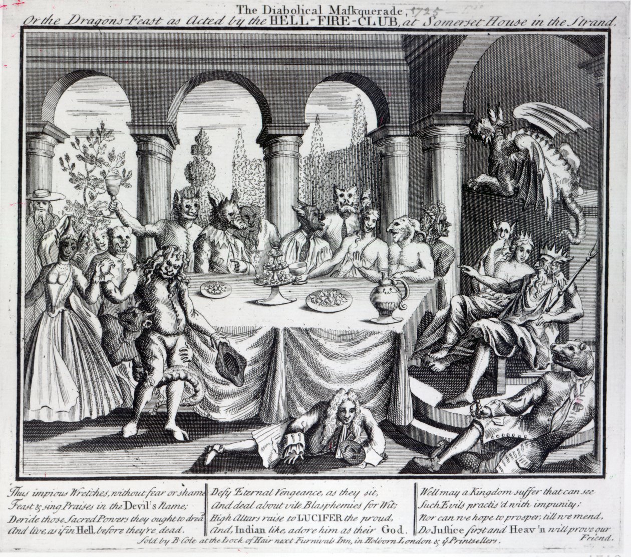 Die teuflische Maskerade oder das Drachenfest, wie es vom Hell-Fire-Club im Somerset House in der Strand, ca. 1721, aufgeführt wurde von English School