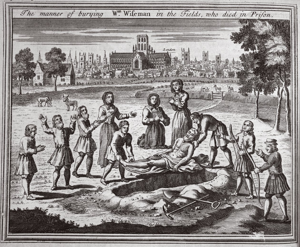 Die Art der Beerdigung von Wm Wiseman auf den Feldern, der im Gefängnis starb, Illustration aus Foxes Märtyrer, ca. 1703 von English School