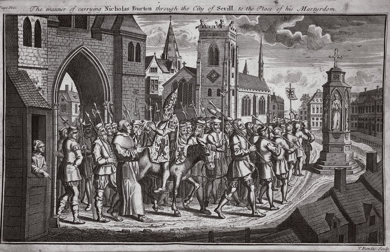 Die Art des Transports von Nicholas Burton durch die Stadt Sevilla zu seinem Martyrium, Illustration aus Foxes Märtyrer, ca. 1703 von English School