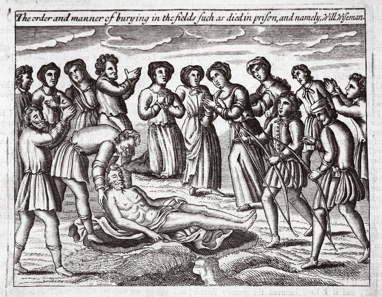 Die Ordnung und Weise der Beerdigung auf den Feldern derer, die im Gefängnis starben, und namentlich Will Wiseman, Illustration aus Acts and Monuments von John Foxe, neunte Ausgabe, veröffentlicht 1684 von English School