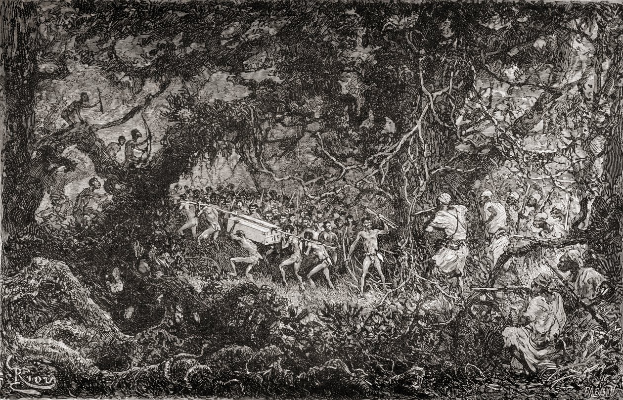 Die Späher auf Sir Henry Morton Stanleys Emin-Pascha-Entlastungsexpedition in Afrika 1888 entdecken Pygmäen, die eine Munitionskiste wegtragen, veröffentlicht 1890 von English School