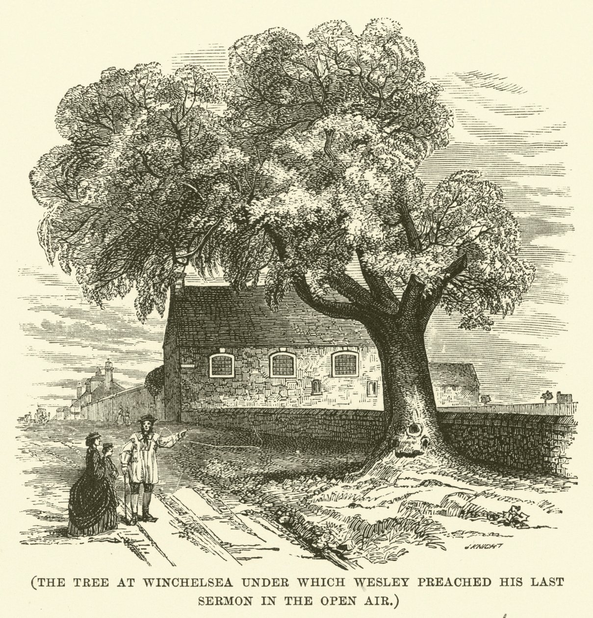 Der Baum in Winchelsea, unter dem Wesley seine letzte Predigt im Freien hielt von English School