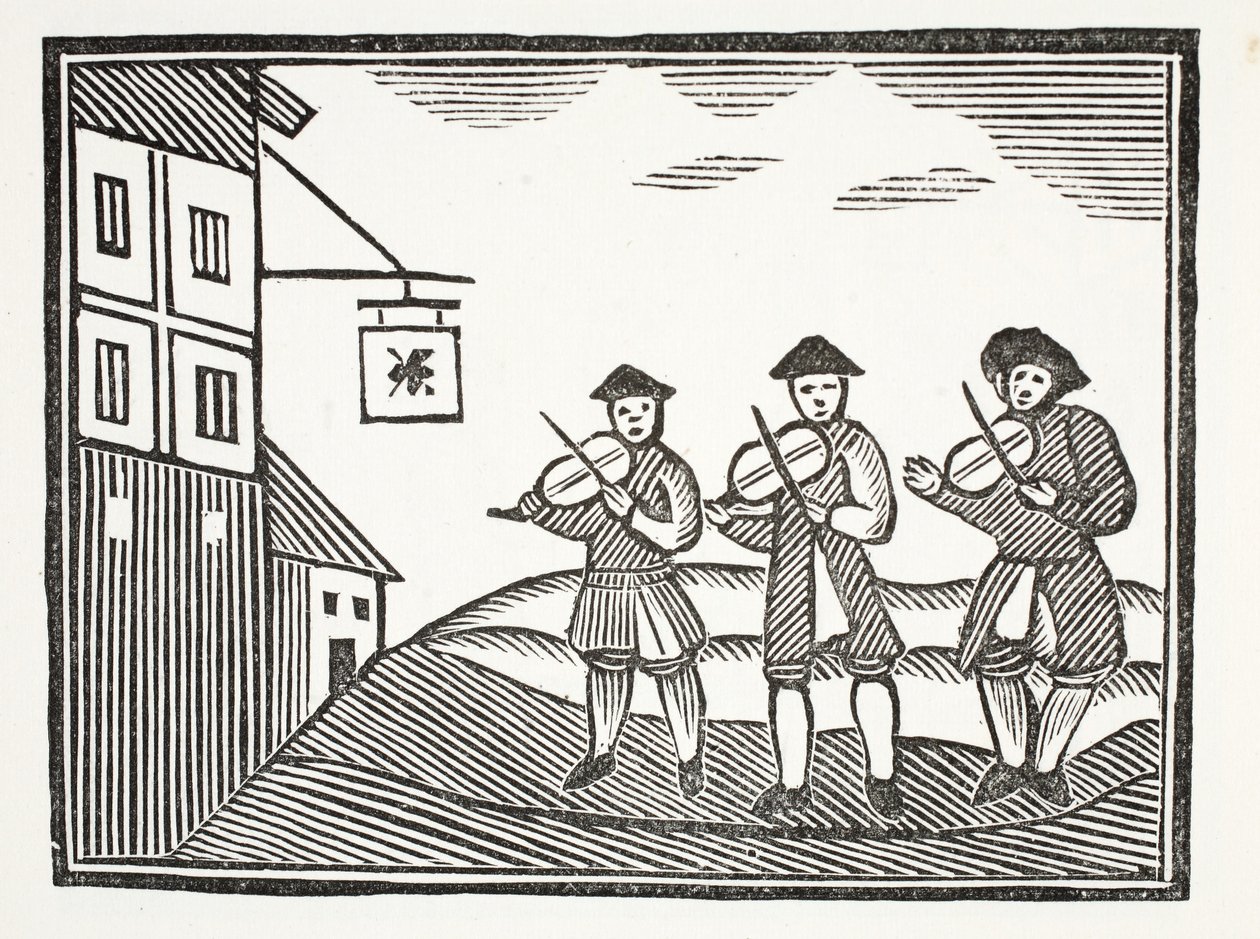 Drei Geiger in der Thames Street, die am Morgen einen Bräutigam aufspielten, der ihnen nichts zu trinken gab, Illustration aus Chap-books des achtzehnten Jahrhunderts von John Ashton, veröffentlicht 1882 von English School